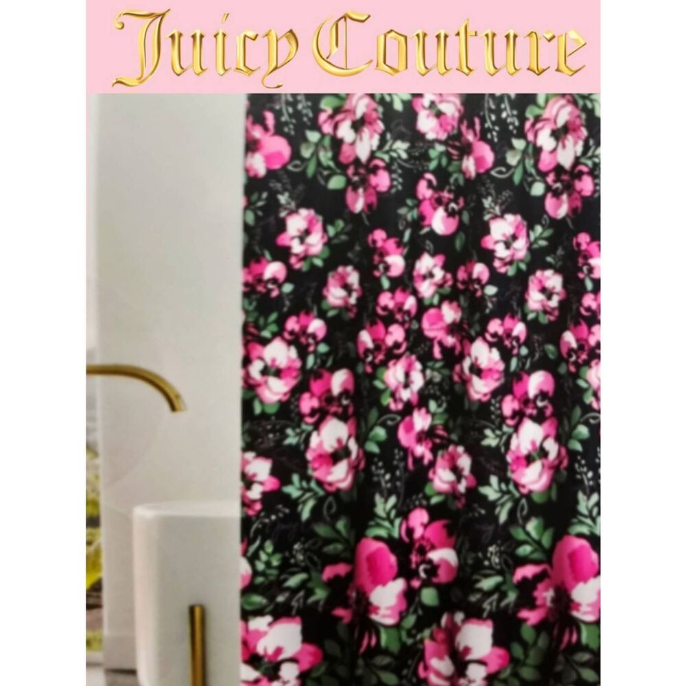 Juicy Couture Home Script Logo Floral Pattern Shower Curtain w/Hooks